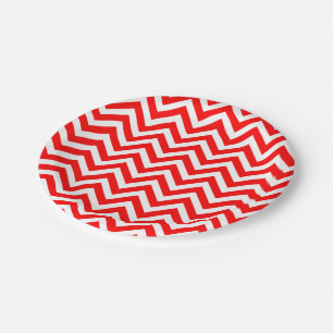 Red and White Medium Size Chevron Stripes Paper Plate
