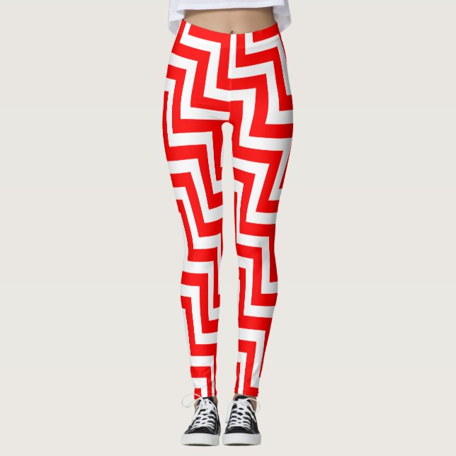 Red and White Medium Size Diagonal Chevron Leggings (Front)