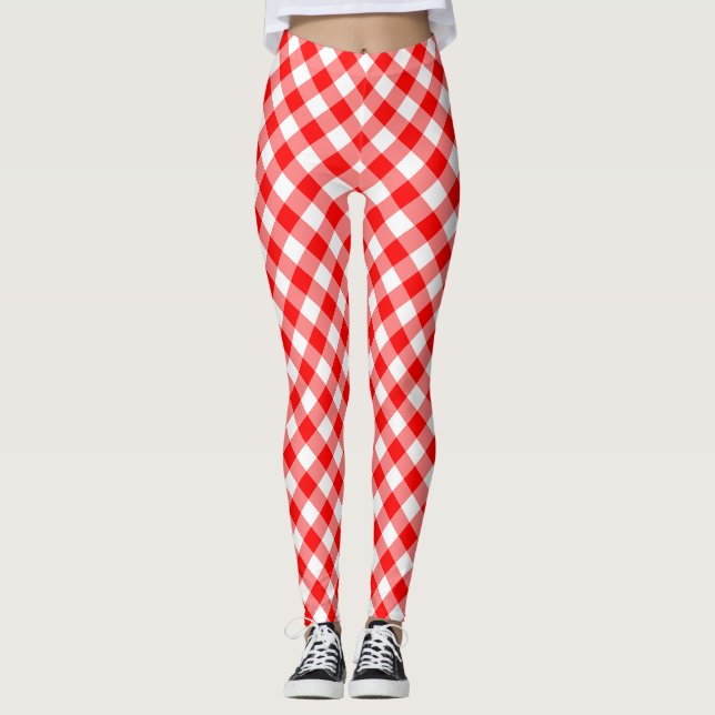 Red and White Medium Size Diagonal Gingham Checks Leggings (Front)