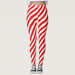 Red and White Medium Size Diagonal Stripes Leggings