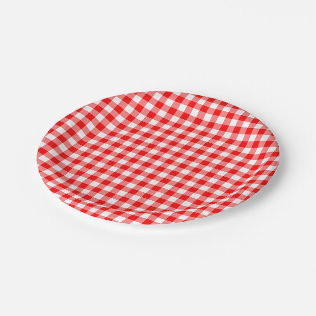 Red and White Medium Size Gingham Checks Paper Plate (Angled)