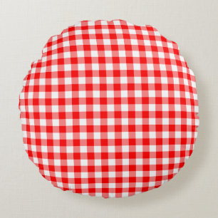 Red and White Medium Size Gingham Checks Round Cushion