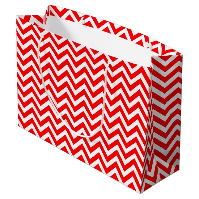 Red and White Medium Size Horizontal Chevron Large Gift Bag (Back Angled)