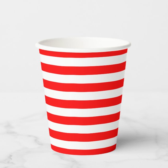 Red and White Medium Size Horizontal Stripes Paper Cups (Front)