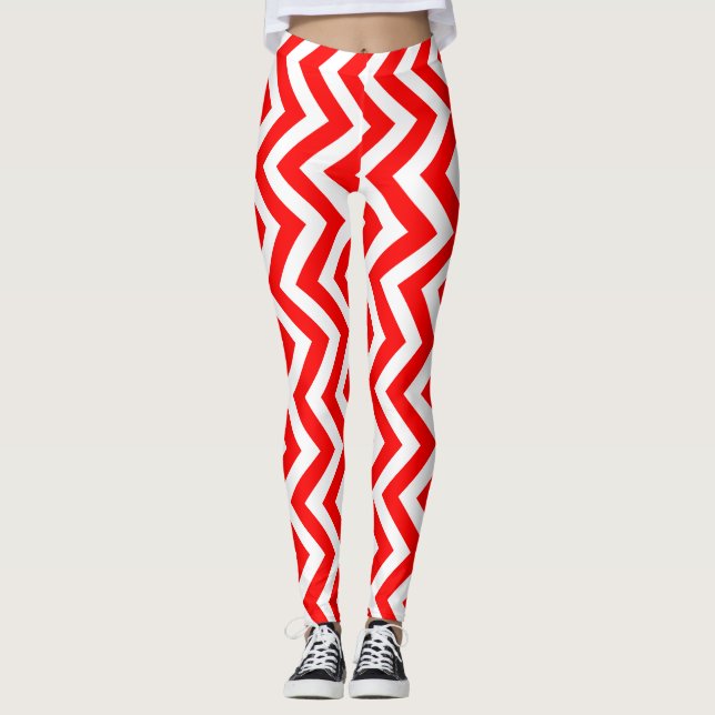Red and White Medium Size Vertical Chevron Leggings (Front)