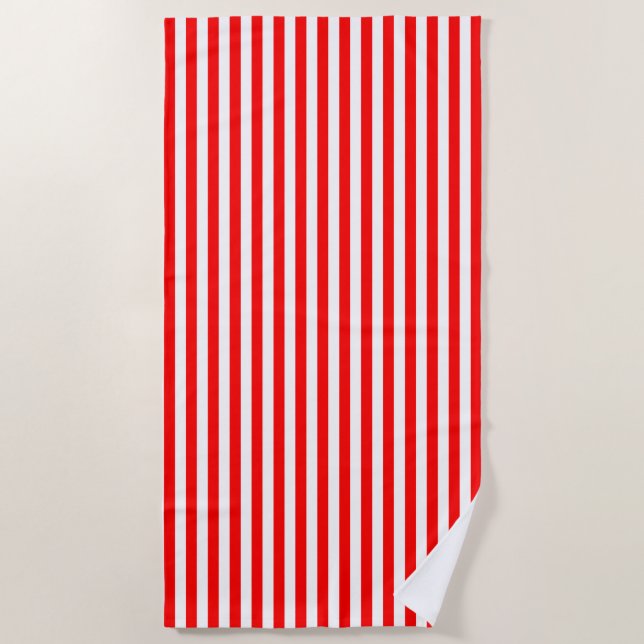 Red and White Medium Size Vertical Stripes Beach Towel (Front)