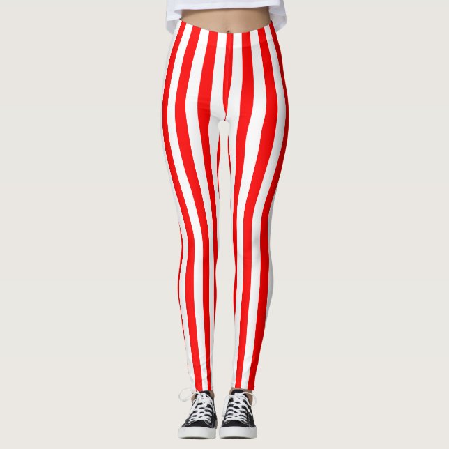 Red and White Medium Size Vertical Stripes Leggings (Front)