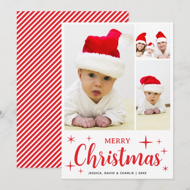 Red and White Merry Christmas Family Photo Collage Holiday Card (Front/Back)