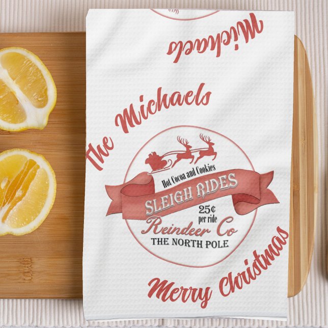 Red and White Merry Christmas Personalised Tea Towel (Merry Christmas custom kitchen towel. )
