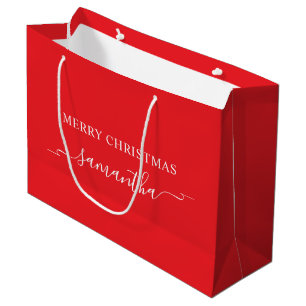 Red and White Merry Christmas Ribbon Swash Name Large Gift Bag