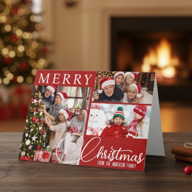 Red And White Merry Christmas Three Photo Classic Holiday Card (Red And White Merry Christmas Three Photo Classic Holiday Card)