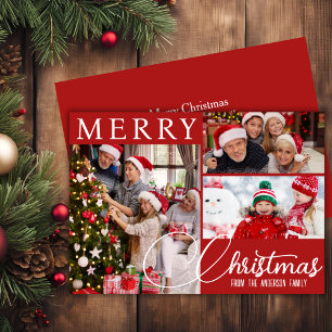 Red And White Merry Christmas Three Photo Festive Holiday Card