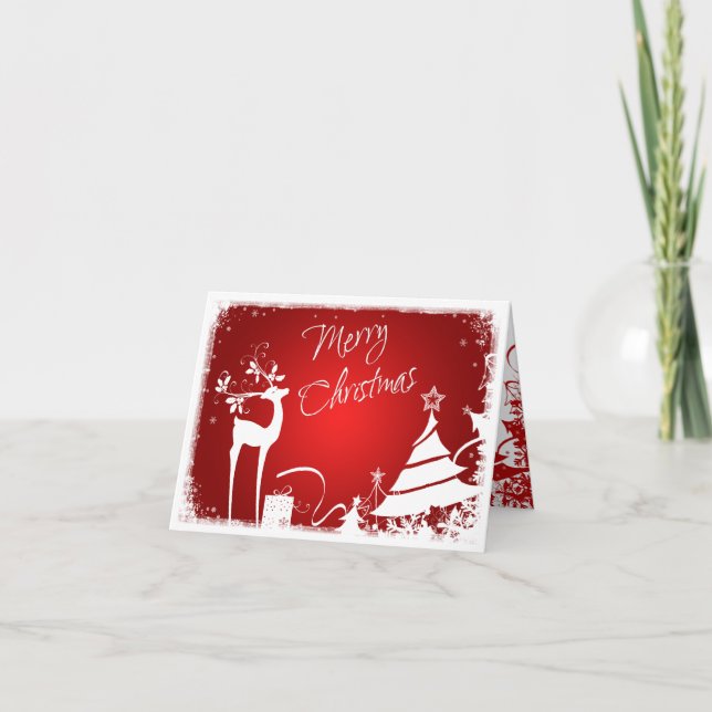 Red and White Merry Christmas Tree with Deer Card (Front)