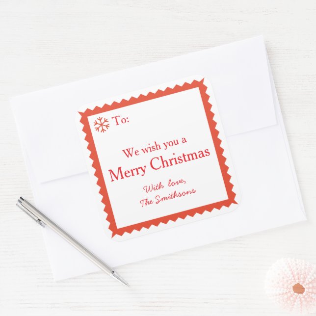 Red and White Merry Christmas Wishes Message Square Sticker (Envelope)