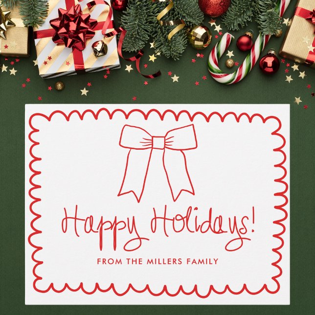 Red and White Minimalist Happy Holidays Bow Postcard (Creator Uploaded)