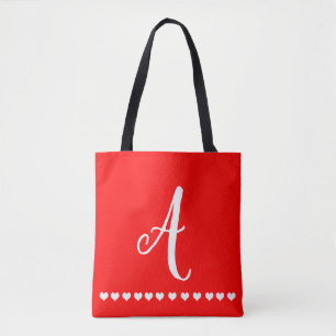 Red and White Monogram Initial  Tote Bag