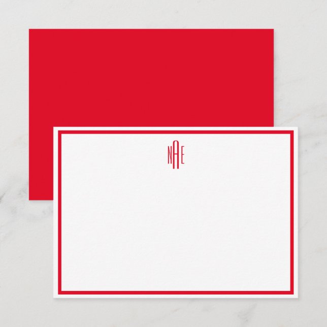 Red and White Monogrammed Flat Note Card (Front/Back)