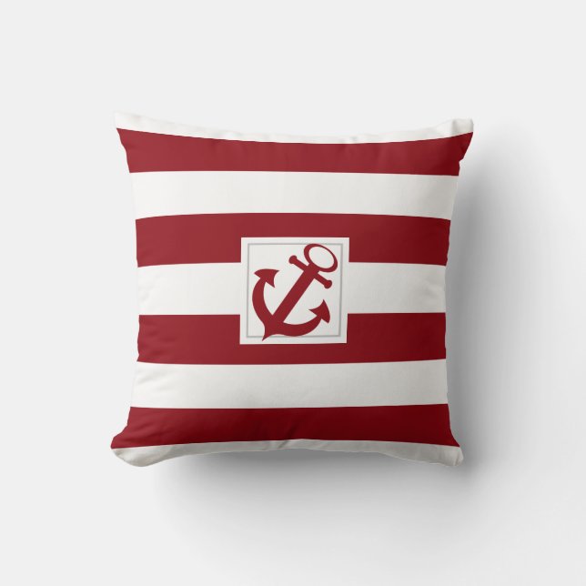 Red and White Nautical Stripe with Anchor Cushion (Front)