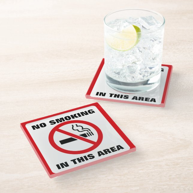 Red and White No Smoking Glass Coaster (Angled)