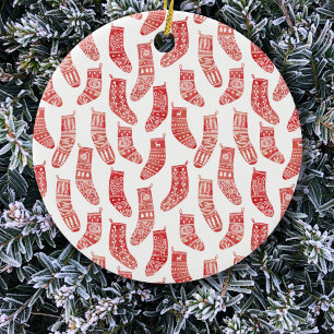 Red and White Nordic Christmas Stockings Ceramic Tree Decoration