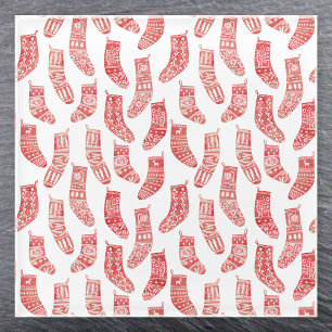 Red and White Nordic Christmas Stockings Glass Coaster