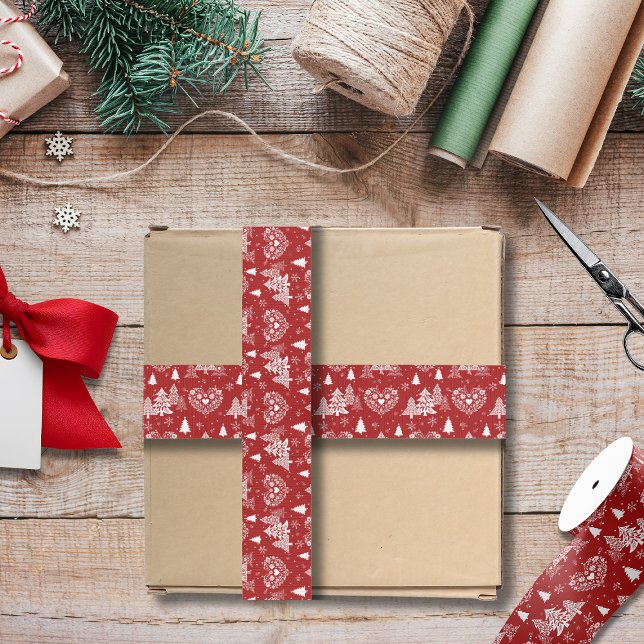 Red and White Nordic Heart Christmas Tree Grosgrain Ribbon (Creator Uploaded)