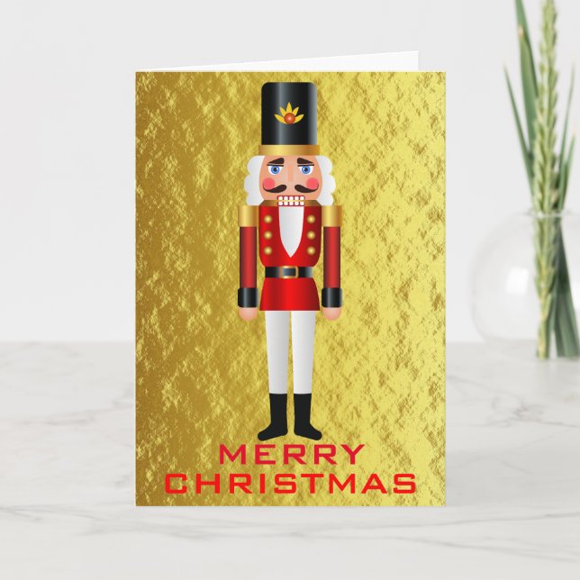 Red and White Nutcracker on Faux Gold Background Holiday Card (Front)