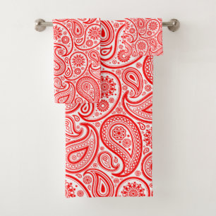 Red and white paisley pattern bath towel set