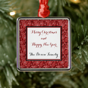 Red and white paisley personalised metal tree decoration