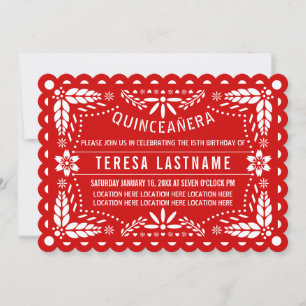 Red and white papel picado Quinceañera Invitation