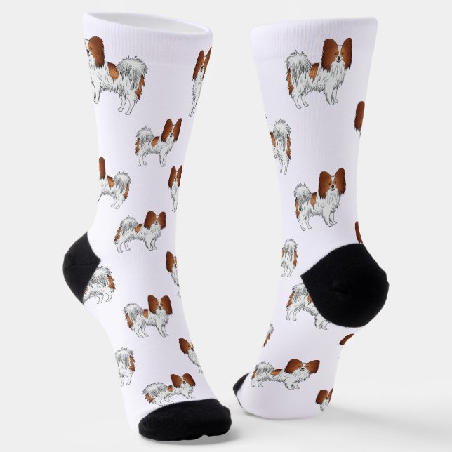Red And White Papillon Cute Cartoon Dog Pattern Socks (Angled)