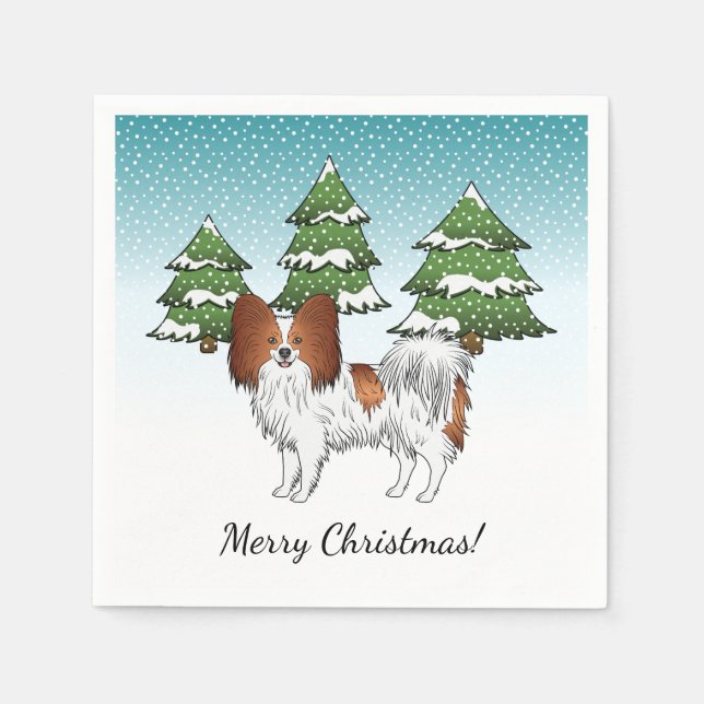 Red And White Papillon Cute Dog In Winter Forest Napkin (Front)
