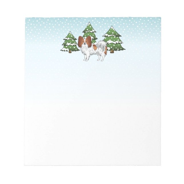 Red And White Papillon Cute Dog In Winter Forest Notepad (Front)