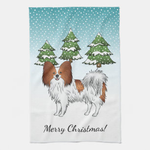 Red And White Papillon Cute Dog In Winter Forest Tea Towel