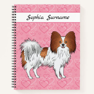 Red And White Papillon Cute Dog On Pink Hearts Notebook