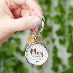 Red And White Papillon Cute Dog With Custom Name Key Ring
