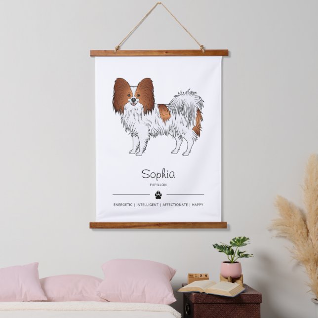 Red And White Papillon Cute Dog With Custom Text Hanging Tapestry (Bedroom)