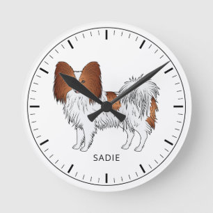 Red And White Papillon Cute Dog With Custom Text Round Clock