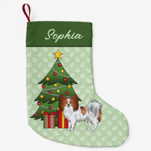 Red And White Papillon Dog By A Christmas Tree Small Christmas Stocking