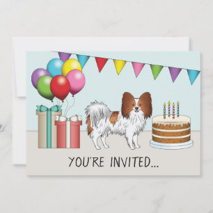 Red And White Papillon Dog Colourful Birthday Invitation