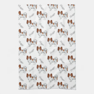 Red And White Papillon Dog Pattern With Name Tea Towel