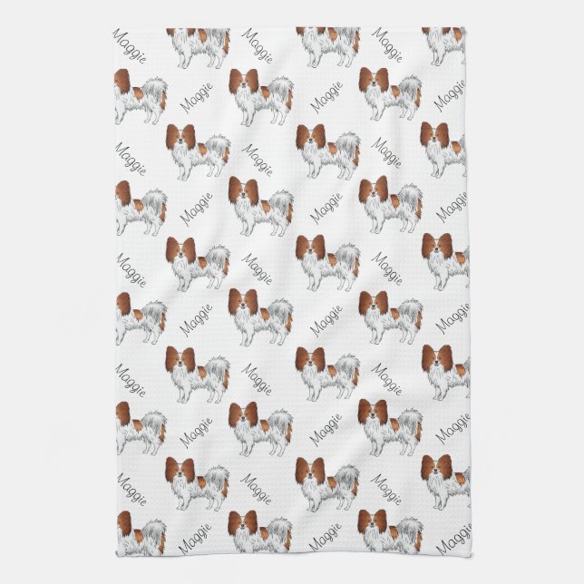 Red And White Papillon Dog Pattern With Name Tea Towel (Vertical)