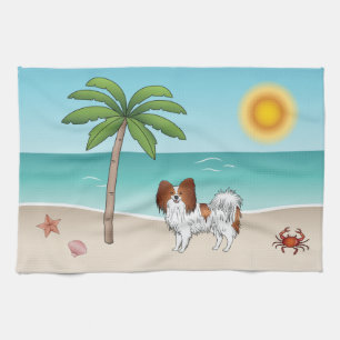 Red And White Papillon Dog Tropical Summer Beach Tea Towel
