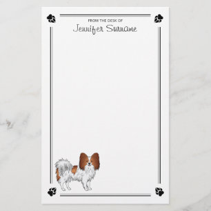 Red And White Papillon Dog With Paws And Text Stationery