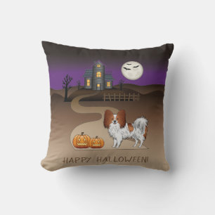 Red And White Papillon & Halloween Haunted House Cushion