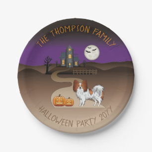 Red And White Papillon & Halloween Haunted House Paper Plate