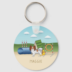 Red And White Papillon With Agility Equipment Key Ring