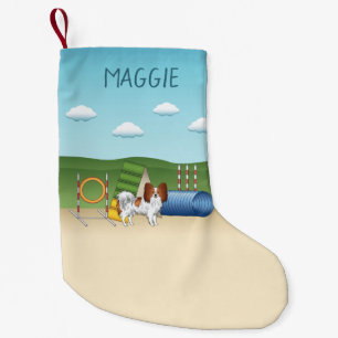 Red And White Papillon With Agility Equipment Small Christmas Stocking