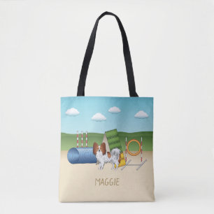 Red And White Papillon With Agility Equipment Tote Bag