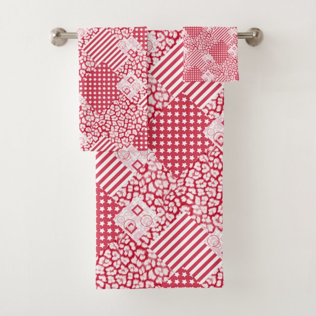  Red and white patchwork rustic Bath Towel Set (Insitu)